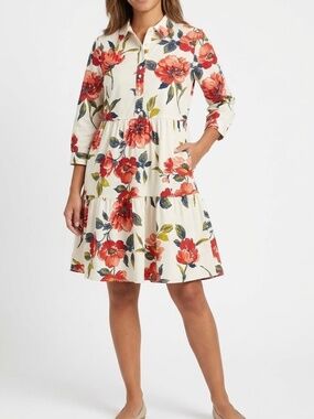 Tahari ASL Floral Long Sleeve Tiered Bohemian Dress - Red and Green